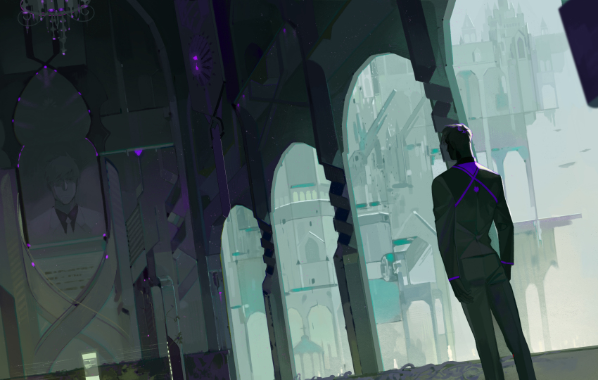 1boy absurdres architecture black_hair building from_behind highres long_sleeves male_focus muted_color original short_hair solo wide_shot xiaoquandianer