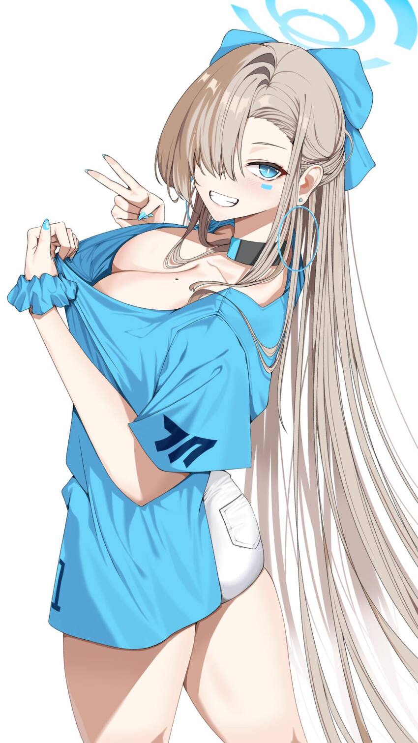 1girl asuna_(blue_archive) blue_archive blue_bow blue_eyes blue_halo blue_nails blue_shirt blush bow breasts brown_hair choker cleavage collarbone earrings grin hair_bow hair_over_one_eye halo highres jewelry large_breasts long_hair looking_at_viewer looking_back looking_up mole mole_on_breast negister scrunchie shirt shorts smile solo thighs v very_long_hair white_shorts wrist_scrunchie