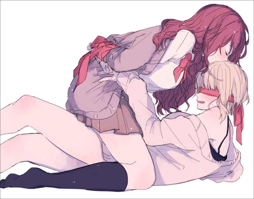 2girls amane_(7783) bare_shoulders black_socks blonde_hair blush bound bound_wrists bow bowtie brown_skirt cardigan closed_eyes commentary_request grey_cardigan hand_on_another&#039;s_waist highres ichinose_shiki idolmaster idolmaster_cinderella_girls kissing_head kneehighs long_hair miyamoto_frederica multiple_girls off_shoulder open_mouth pleated_skirt red_blindfold red_bow red_bowtie red_hair red_ribbon ribbon school_uniform shirt short_hair simple_background skirt socks straddling sweat white_background white_shirt yuri