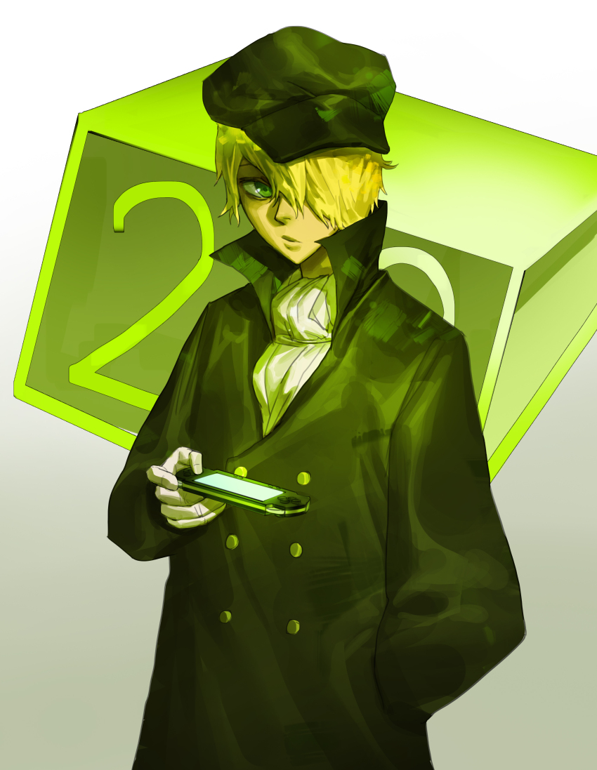 1boy :/ absurdres black_coat black_hat bleach blonde_hair buttons newsboy_cap closed_mouth coat cowboy_shot double-breasted gloves gradient_background green_eyes green_theme hair_over_one_eye hand_in_pocket hand_up handheld_game_console hat hieumay highres holding long_sleeves looking_at_viewer male_focus nostrils number_background one_eye_covered playstation_portable popped_collar scarf simple_background solo standing white_background white_gloves white_scarf yukio_hans_vorarlberna