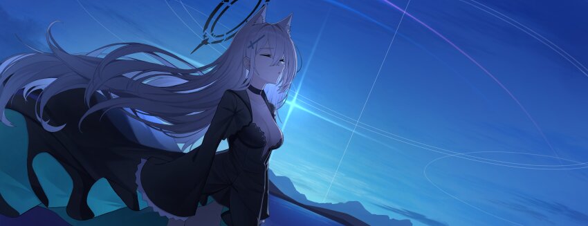 1girl absurdres animal_ear_fluff animal_ears black_choker black_dress blue_archive blue_sky breasts choker cleavage closed_eyes dress grey_hair hair_between_eyes highres large_breasts long_hair looking_up pang-yo shiroko_(blue_archive) shiroko_terror_(blue_archive) sidelocks sky wolf_ears wolf_girl