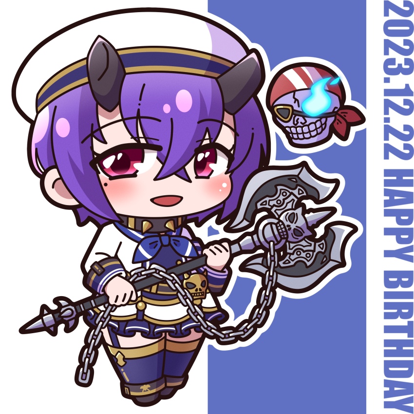 1girl :d absurdres axe bandana beret black_boots blue_background blue_fire blush boots chain chibi commentary_request dated eyepatch fire flaming_eye floating_skull full_body hair_between_eyes happy_birthday hat highres holding holding_axe horns jacket long_sleeves looking_at_viewer mole mole_under_eye open_mouth outline princess_connect! purple_eyes purple_hair purple_thighhighs saishosaisekojo shinobu_(pirate)_(princess_connect!) shinobu_(princess_connect!) skull smile solo standing thighhighs thighhighs_under_boots two-tone_background white_background white_hat white_jacket white_outline
