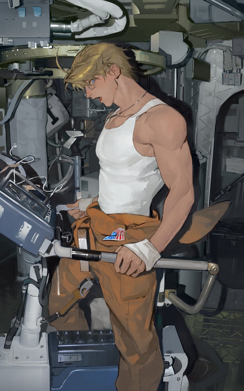 1boy ahoge america_(hetalia) axis_powers_hetalia blonde_hair cluck_gugu commentary engineer english_commentary feet_out_of_frame from_side glasses head_down highres holding indoors jewelry jumpsuit jumpsuit_around_waist male_focus muscular muscular_male necklace open_mouth orange_jumpsuit shadow short_hair sideways_glance standing sweat tank_top tongue white_tank_top