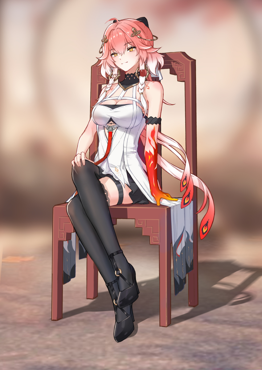 1girl absurdres ahoge bare_shoulders black_bow black_collar black_footwear black_thighhighs blurry blurry_background body_markings bow breasts bright_pupils changli_(wuthering_waves) chinese_commentary cleavage closed_mouth collar colored_extremities commentary crossed_legs dress feather_hair hair_between_eyes hair_bow hair_ornament halterneck hand_on_own_knee high_heels highres large_breasts long_hair looking_at_viewer multicolored_hair no_jacket on_chair pink_hair red_hands sitting smile solo strappy_heels tacet_mark_(wuthering_waves) thigh_strap thighhighs two-tone_hair very_long_hair white_bow white_dress white_hair white_pupils wuthering_waves xiaoyu_yao_(htx1993601) yellow_eyes
