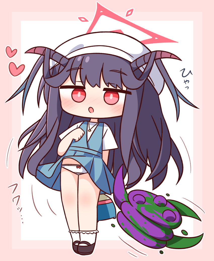1girl :o bag beret black_hair black_shoes blue_archive blue_dress blush border bow bow_panties chibi clothes_lift dress dress_lift full_body fuuka_(blue_archive) fuuka_(casual)_(blue_archive) halo hana_kazari hand_up hat heart highres horns long_hair looking_at_viewer nose_blush panties parted_lips pink_border pleated_dress red_eyes shirt shoes short_sleeves sleeveless sleeveless_dress socks solo standing translation_request underwear very_long_hair white_background white_hat white_panties white_shirt white_socks