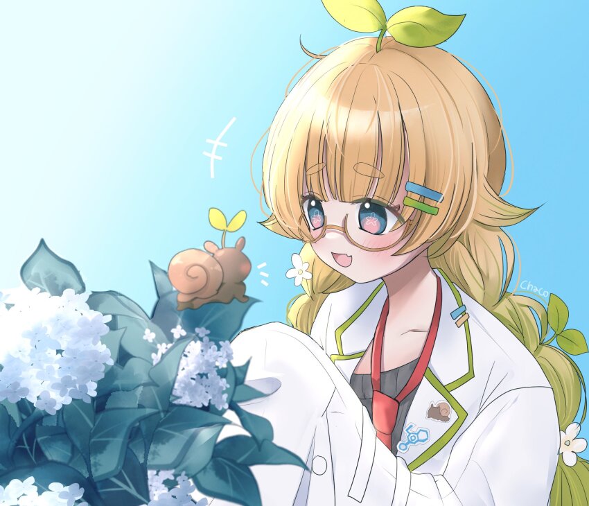 akino_min blonde_hair blue_eyes braid coat glasses gradient_hair green_hair hair_ornament hairclip highres lab_coat lemi_lichen multicolored_hair necktie open_clothes open_coat open_mouth red_necktie shirt smile snail sprout_on_head stellarversepro