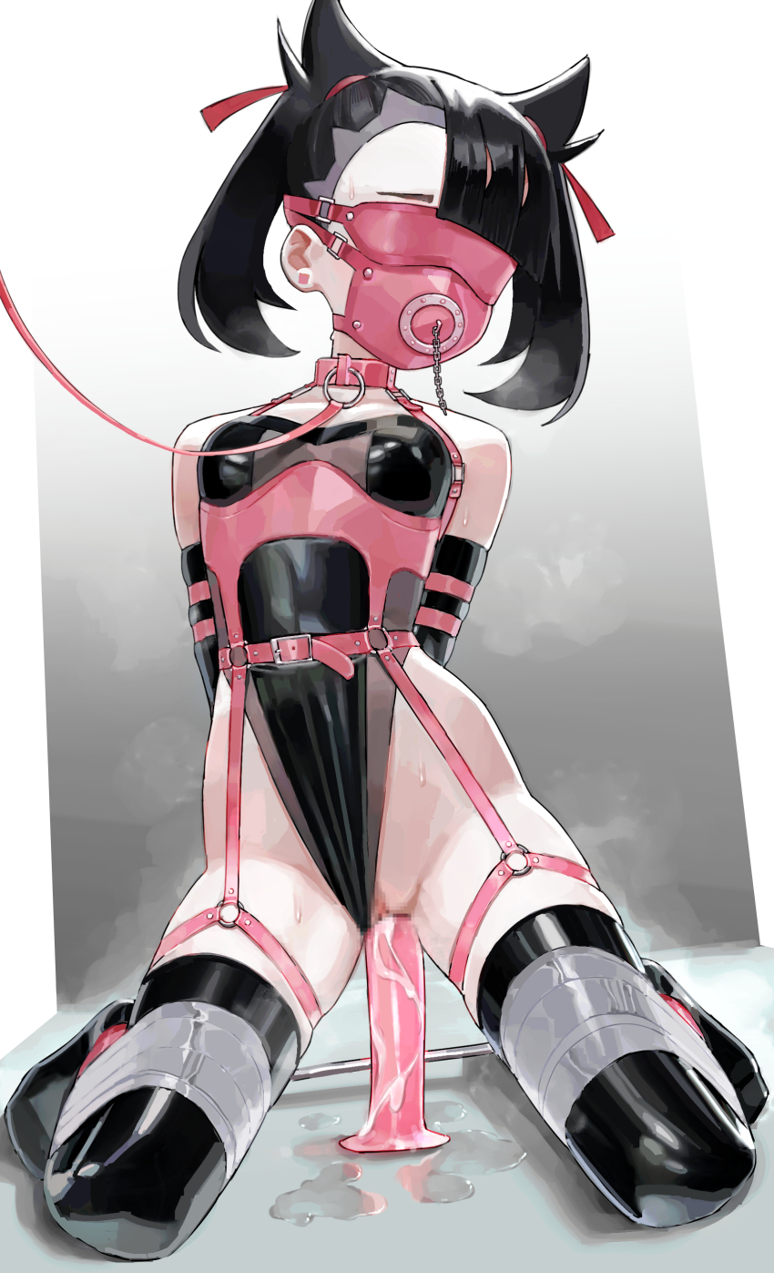 1girl absurdres bdsm black_hair black_thighhighs blindfold bondage bound breasts collar commentary commission dildo dildo_riding english_commentary full_body gag gagged harness highres leash leotard marnie_(pokemon) medium_hair nintendo plug_gag pokemon pokemon_swsh restrained ring_gag saaal653 saliva sex_toy sitting slave small_breasts solo thighhighs twintails wariza