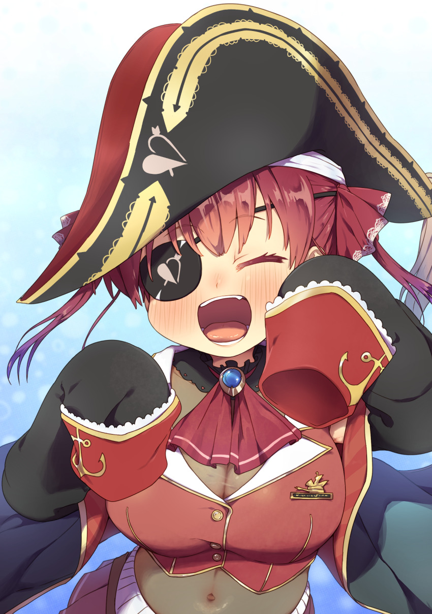1girl :d anchor_symbol arrow_through_heart ascot bicorne black_coat black_hat blue_background blush breasts brooch cleavage closed_eyes coat commentary cropped_jacket eyepatch facing_viewer gradient_background hair_ribbon harumina_mau hat heart highres hololive houshou_marine houshou_marine_(1st_costume) jacket jewelry large_breasts leotard leotard_under_clothes long_hair long_sleeves midriff multicolored_hat navel open_mouth pirate pirate_hat red_ascot red_coat red_hair red_hat red_ribbon red_skirt ribbon see-through_cleavage see-through_clothes see-through_leotard skirt sleeveless sleeveless_jacket sleeves_past_fingers sleeves_past_wrists smile solo twintails two-sided_coat two-sided_fabric upper_body very_long_sleeves virtual_youtuber