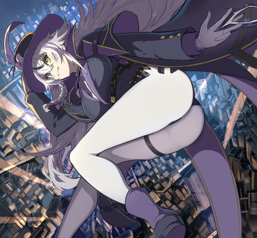 1girl artist_request ass blue_eyes boots breasts cape from_behind from_below gloves goddess_of_victory:_nikke grin hat heterochromia highres large_breasts leotard long_hair looking_at_viewer mask pantyhose phantom_(nikke) smile solo thigh_strap unworn_mask very_long_hair white_hair yellow_eyes
