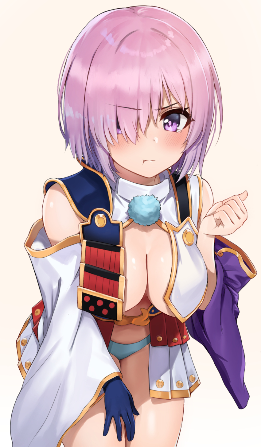 1girl :t armor asymmetrical_sleeves ayul_(ayulneri_92) bare_shoulders black_gloves blue_panties blush breasts cleavage clenched_hand closed_mouth cosplay cowboy_shot detached_sleeves fate/grand_order fate_(series) faulds gloves highres japanese_armor kusazuri large_breasts long_sleeves looking_at_viewer mash_kyrielight mismatched_sleeves panties pink_hair pom_pom_(clothes) pout purple_eyes revealing_clothes short_hair simple_background single_glove solo tears underwear ushiwakamaru_(fate) ushiwakamaru_(fate)_(cosplay) v-shaped_eyebrows white_background