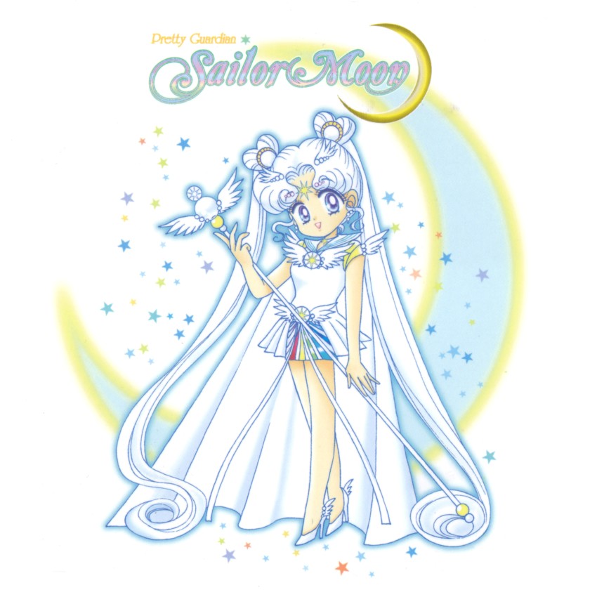 1girl :d absurdres bare_arms bare_legs bishoujo_senshi_sailor_moon bishoujo_senshi_sailor_moon_stars blue_eyes brooch chibi choker copyright_name crescent double_bun dress earrings facial_mark forehead_mark full_body hair_bun hair_ornament heart heart_hair_ornament high_heels highres holding holding_staff jewelry long_hair looking_at_viewer official_art open_mouth parted_bangs pleated_dress ribbon sailor_collar sailor_cosmos sailor_senshi_uniform scan simple_background smile solo staff standing star_(symbol) star_choker takeuchi_naoko waist_brooch white_background white_choker white_footwear white_hair white_ribbon white_sailor_collar wing_brooch