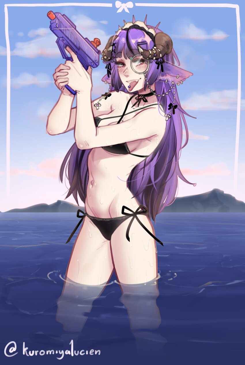 1girl absurdres bare_shoulders beach bikini black_bikini black_bow black_choker black_hair blush bow choker cloud collarbone fangs hair_bow hair_ornament hairclip highres holding holding_water_gun horns indie_virtual_youtuber kuromiya_lucien long_hair monocle multicolored_hair navel outdoors piercing pink_hair popopoka smile solo stomach swimsuit tongue_piercing wading water_gun