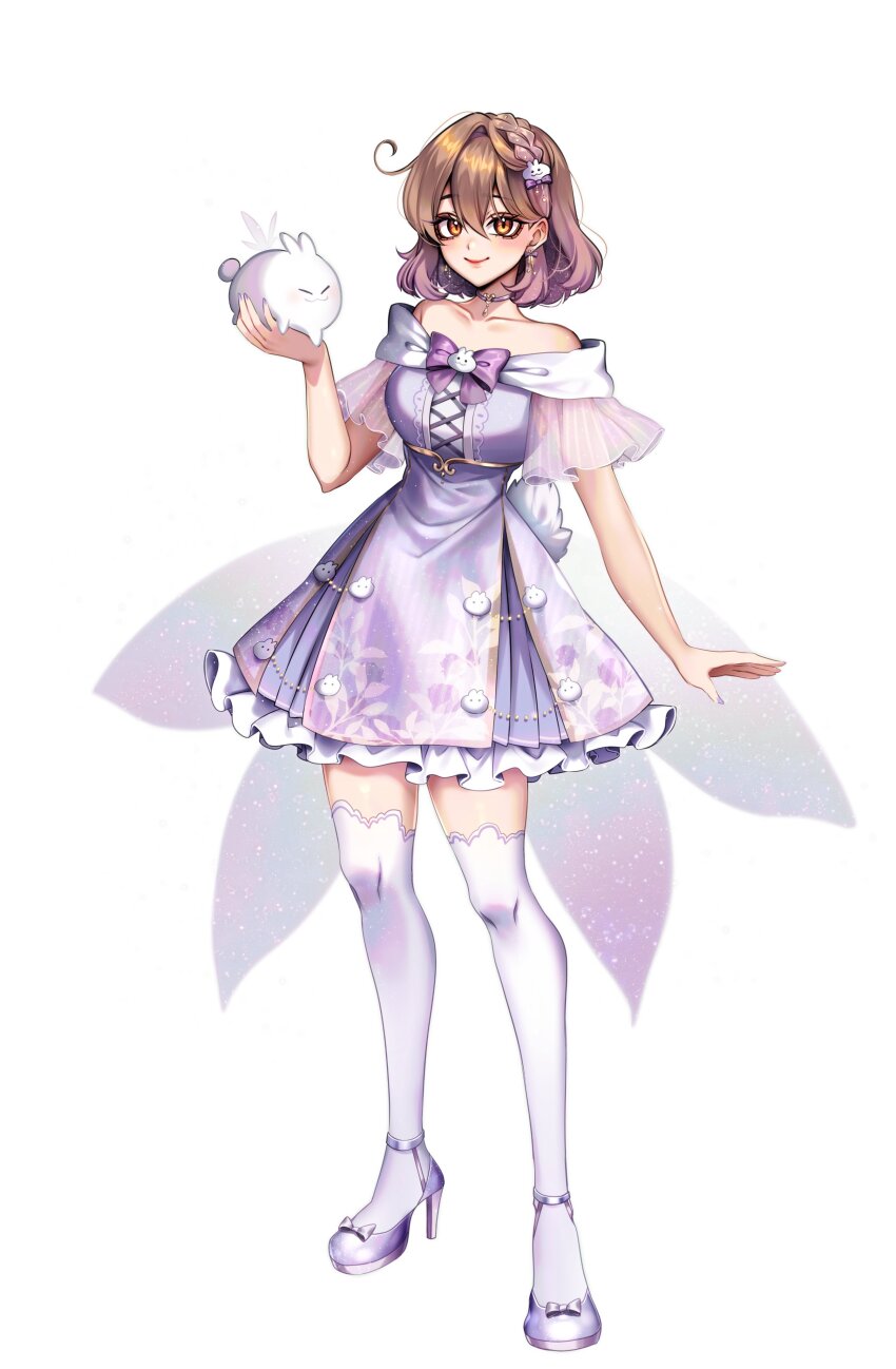 1girl absurdres aegyo_sal animal arm_at_side artist_self-insert bare_shoulders bow bow_earrings bowtie braid brooch brown_hair choker closed_mouth collarbone commentary cowlick cross-laced_clothes cross-laced_dress double-parted_bangs dress earrings english_commentary footwear_bow frilled_skirt frilled_sleeves frills full_body gradient_hair grey_bow grey_wings hair_behind_ear hair_between_eyes hair_bow hair_ornament hand_up heart heart_choker high_heels highres holding holding_animal jewelry legs_apart looking_at_viewer low_wings multicolored_hair nail_polish off-shoulder_dress off_shoulder orange_eyes original pink_hair pleated_skirt purple_bow purple_bowtie purple_choker purple_dress purple_nails purple_shoes purple_skirt rabbit rabbit_hair_ornament sasu_(sasucchi95) sasucchi95 see-through_clothes see-through_sleeves shoes simple_background single_hair_intake skirt smile solo standing thighhighs two-tone_hair vertical-striped_sleeves white_background white_rabbit_(animal) white_thighhighs wings zettai_ryouiki