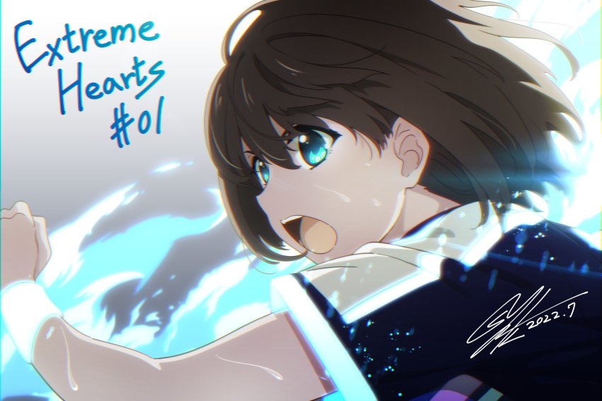 1girl blue_eyes brown_hair close-up commentary_request copyright_name dated extreme_hearts hayama_hiyori highres kawakami_shuuichi official_art open_mouth promotional_art short_hair short_sleeves signature solo sportswear