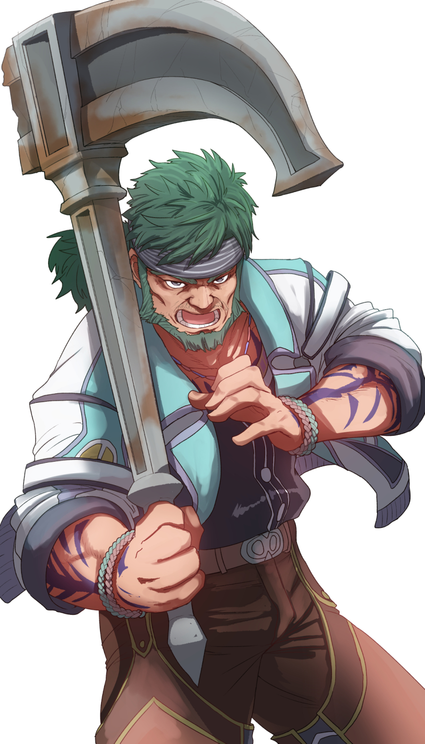 1boy :o arm_tattoo beard belt bracelet brown_pants buttons commentary_request cowboy_shot facial_hair falcom fighting_stance green_facial_hair green_hair grey_eyes hammer headband highres holding holding_hammer holding_weapon jacket jewelry long_hair looking_at_viewer male_focus necklace open_mouth pants sahad_nautilus simple_background sleeves_rolled_up solo standing sumiyao_(amam) tattoo teeth v-shaped_eyebrows war_hammer weapon white_background ys ys_viii:_lacrimosa_of_dana