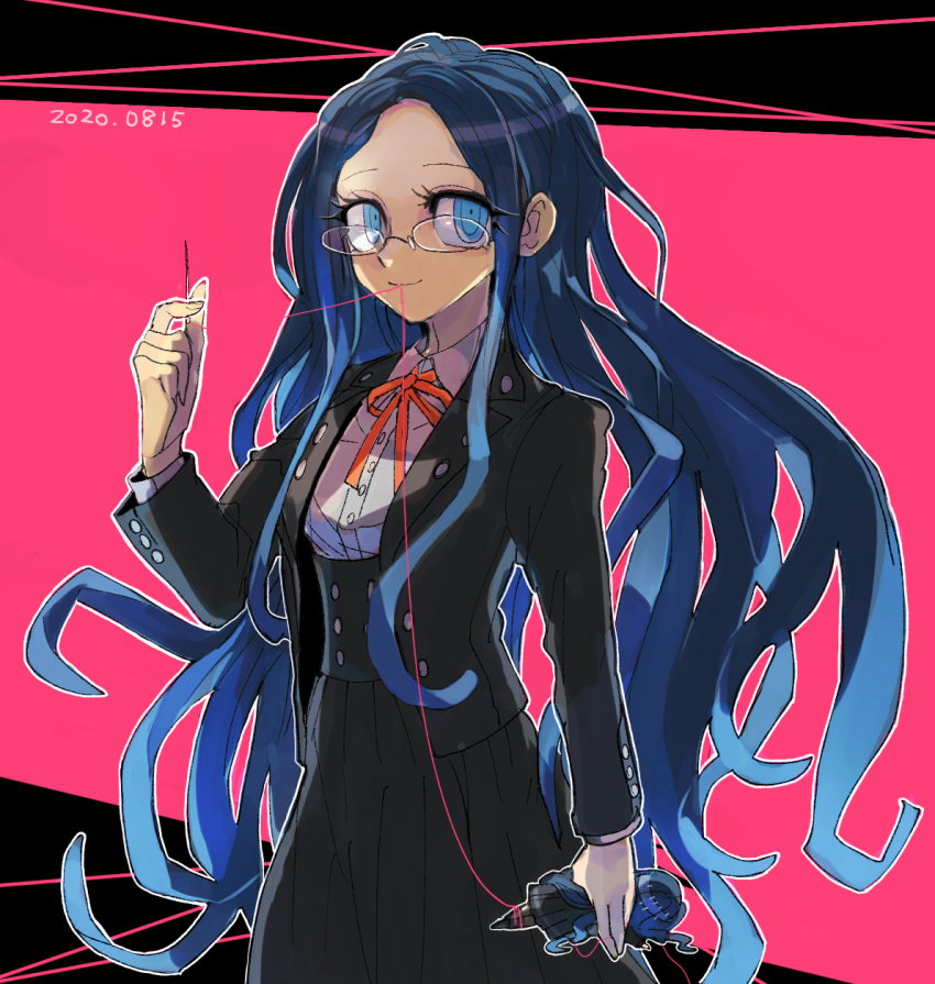 1girl black_jacket black_skirt blue_eyes blue_hair danganronpa_(series) danganronpa_v3:_killing_harmony doll glasses grey_shirt highres holding holding_doll jacket kumakoro_(tetsupag) long_hair long_sleeves looking_at_viewer needle red_ribbon ribbon school_uniform sewing_needle shirogane_tsumugi shirt skirt solo string_in_mouth thread very_long_hair