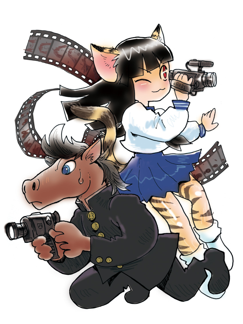 1boy 1girl :3 akai_takami animal_ear_fluff animal_ears animal_head ankle_socks black_footwear black_hair blue_eyes blue_skirt blunt_bangs blush buttons camera closed_mouth colored_skin commentary_request dark-skinned_male dark_skin film_strip gakuran highres holding holding_camera horse horse_boy horse_head kneeling long_hair long_sleeves looking_down mane neckerchief one_eye_closed orange_skin original pleated_skirt recording red_eyes red_neckerchief school_uniform serafuku skirt socks sweatdrop tiger tiger_ears tiger_girl white_background white_serafuku white_socks