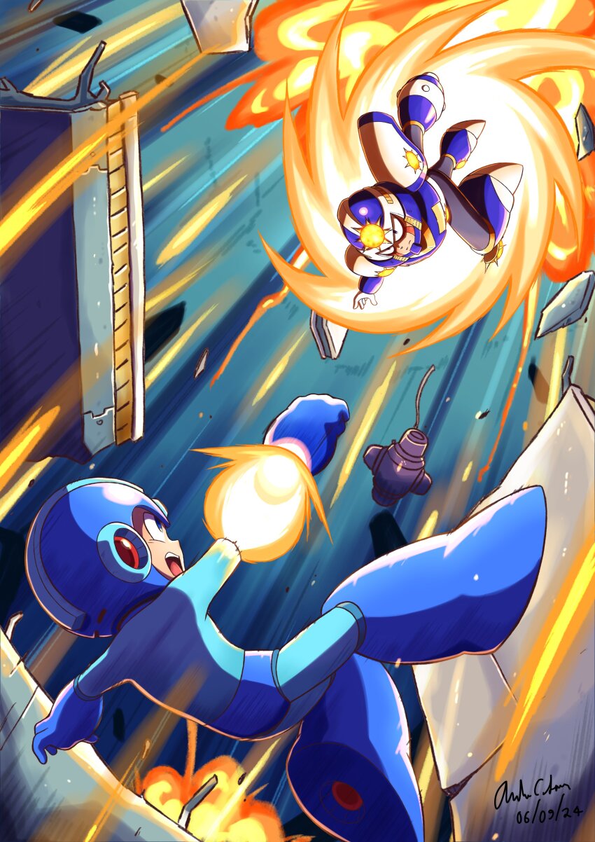 2boys absurdres armor aura battle black_bodysuit blue_armor blue_bodysuit blue_helmet bodysuit clenched_hand dated helmet highres innovator123 male_focus mega_man_(character) mega_man_(classic) mega_man_(series) mega_man_day mega_man_v multiple_boys rocket_punch signature sunstar_(mega_man)