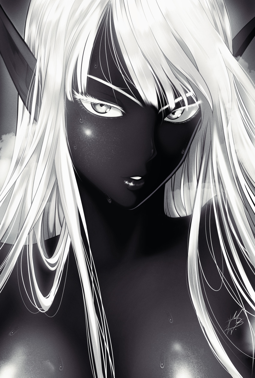 1girl absurdres black_lips black_skin breasts cleavage collarbone colored_eyelashes colored_skin commentary dark-skinned_female dark_skin elden_ring elden_ring_nightreign english_commentary glowing grey_eyes greyscale hair_behind_ear head_tilt highres large_breasts long_hair long_pointy_ears looking_at_viewer monochrome mostlybluewyatt parted_lips pointy_ears portrait recluse_(elden_ring) signature solo sweat upper_body v-shaped_eyebrows white_eyelashes white_hair