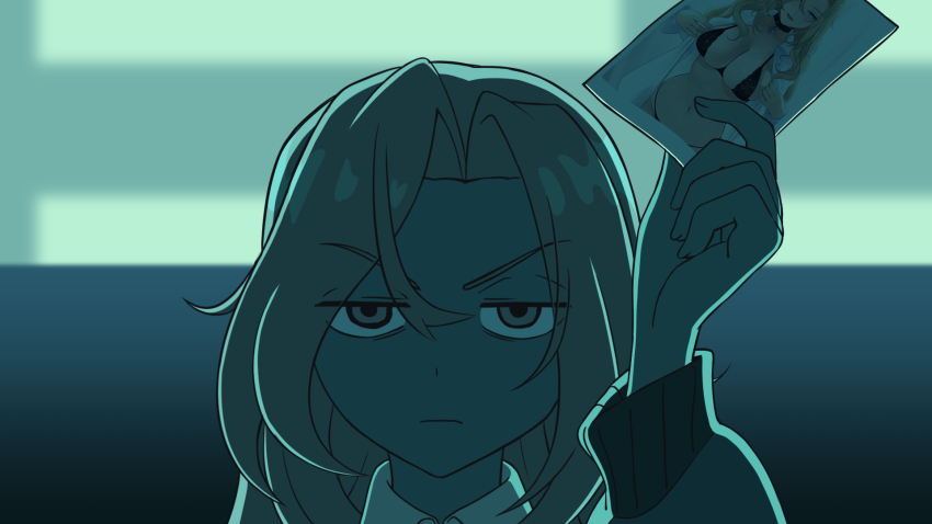 1girl angry blonde_hair bomber_jacket book close-up closed_mouth collared_shirt frown grey_eyes highres holding holding_book hornet_(kancolle) indoors jacket jitome kantai_collection long_hair long_sleeves looking_at_viewer odachu shirt solo unamused upper_body v-shaped_eyebrows white_shirt