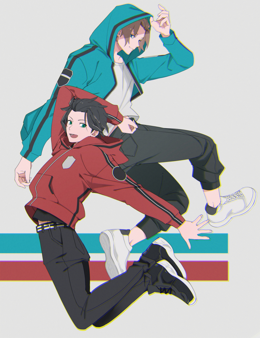 2boys :d adapted_costume adjusting_clothes aqua_jacket arashiyama_jun arm_up belt black_footwear black_hair black_pants black_shirt blue_eyes brown_hair closed_mouth crossed_ankles from_side full_body grey_background hair_slicked_back hand_on_headwear hand_up highres hood hood_down hood_up hooded_jacket jacket jin_yuuichi jumping long_sleeves looking_at_viewer male_focus midriff_peek multiple_boys open_clothes open_jacket open_mouth outstretched_arm pants pocket red_jacket shirt shoes smile sneakers t-shirt track_jacket white_footwear white_shirt world_trigger yawai_tofu