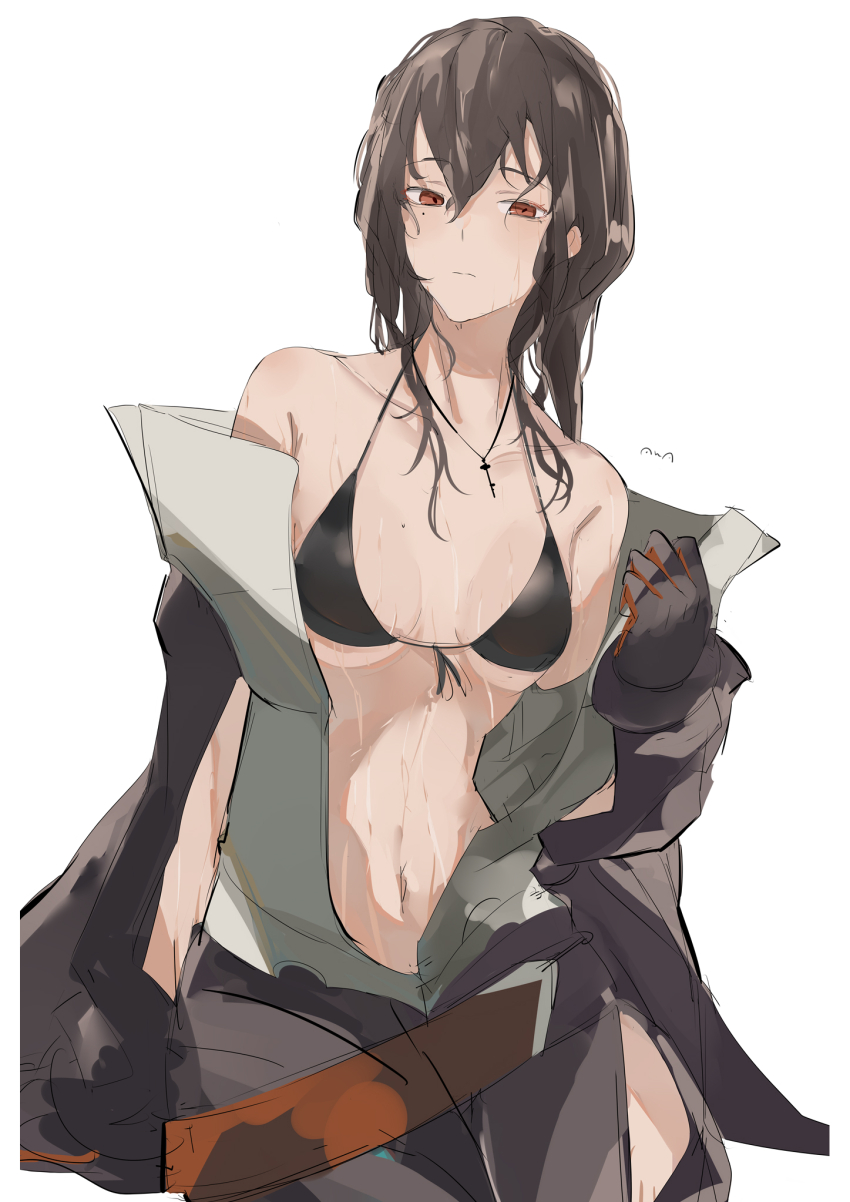 1girl bikini black_bikini bodysuit breasts brown_eyes brown_hair closed_mouth collarbone diving_suit double-parted_bangs expressionless girls&#039;_frontline girls&#039;_frontline_neural_cloud gloves hatsuchiri_(neural_cloud) highres jewelry key key_necklace long_hair looking_at_viewer mole mole_on_breast mole_under_eye navel necklace open_wetsuit sidelocks simple_background solo sutekina_awa swimsuit water_drop wet wetsuit white_background
