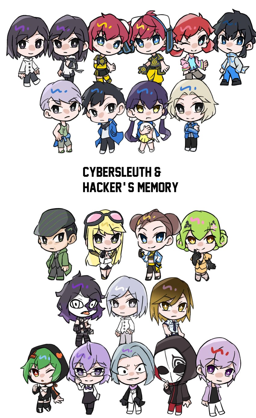 absurdres aiba_ami aiba_takumi amasawa_keisuke chibi date_makiko digimon digimon_story:_cyber_sleuth_hacker&#039;s_memory fei_wong_tomoe_ignacio glasses highres hood imai_chitose jimmy_ken k_(digimon) kamishiro_yuugo kamishiro_yuuko kishibe_rie kuremi_kyouko looking_at_viewer mask matayoshi_gorou mikagura_mirei mishima_erika mishima_ryuji nogi_yu one_eye_closed sanada_arata shinomiya_rina shiramine_nokia smile suedou_akemi title wink