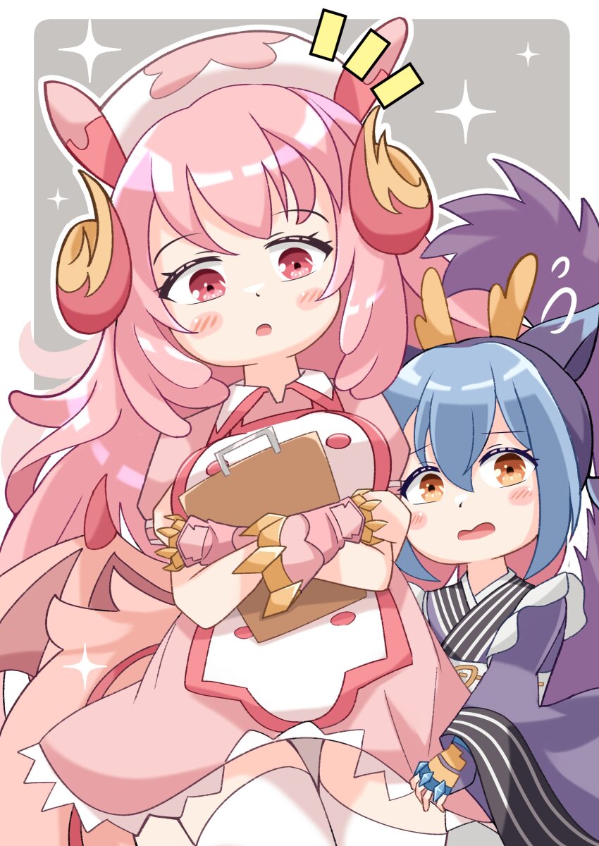 2girls absurdres apron blue_hair blue_kimono blush breasts dragon_girl dragon_horns dragon_tail dragon_wings duel_monster eastern_dragon_horns fingerless_gloves frilled_apron frills gloves hat highres horns hug hugging_object japanese_clothes kimono large_breasts laundry_dragonmaid long_hair long_sleeves maid maid_apron multiple_girls notice_lines nurse nurse_cap nurse_dragonmaid official_alternate_hairstyle open_mouth orange_eyes pink_eyes pink_hair shy tail thighhighs tomaton wa_maid white_apron white_thighhighs wings yu-gi-oh! zettai_ryouiki