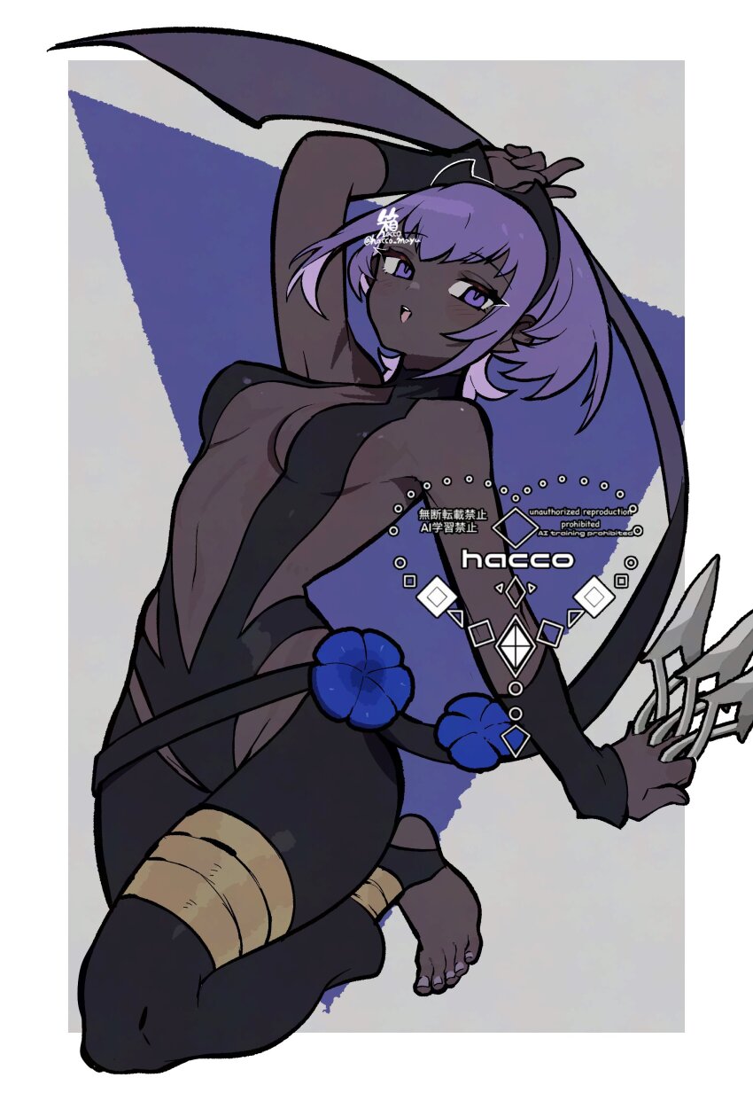 1girl absurdres bare_shoulders black_gloves black_hairband black_leotard black_pants breasts center_opening dark-skinned_female dark_skin fate/grand_order fate_(series) fingerless_gloves gloves hacco_mayu hairband hassan_of_serenity_(fate) highres kunai leotard looking_at_viewer medium_breasts navel open_mouth pants purple_eyes purple_hair short_hair sidelocks solo stirrup_legwear toeless_legwear weapon