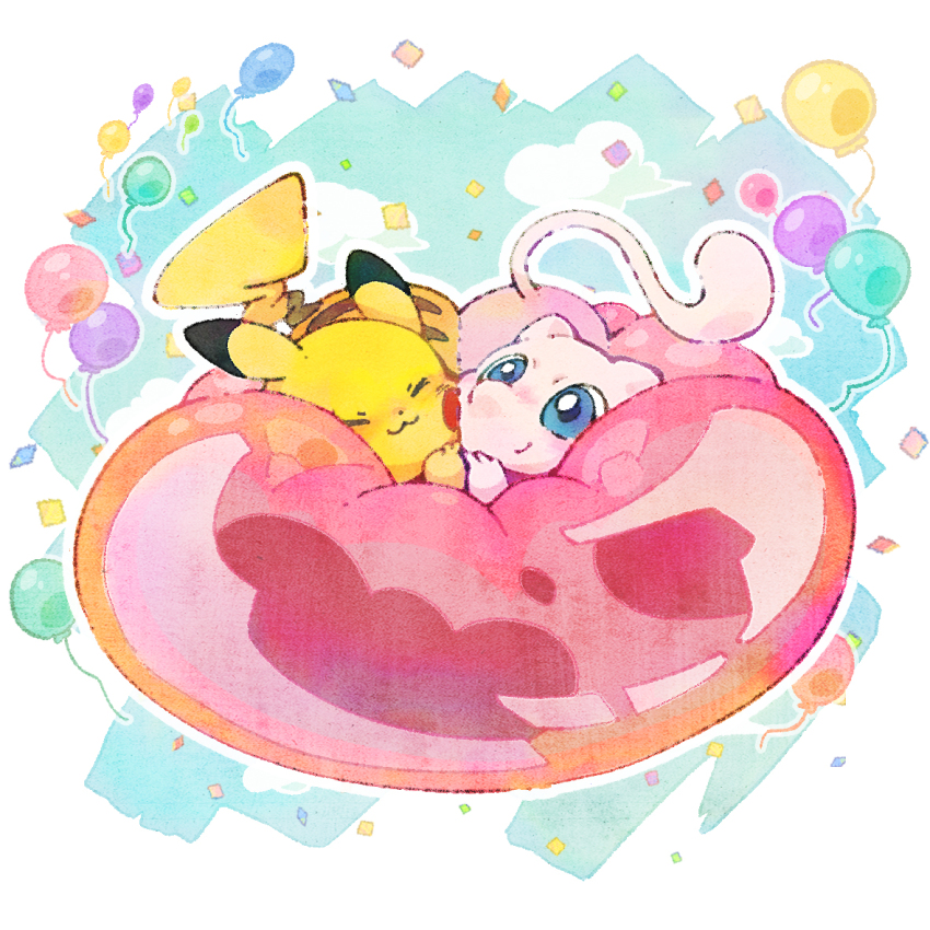 :3 balloon border cheek-to-cheek closed_eyes closed_mouth commentary_request confetti cuddling full_body gen_1_pokemon heads_together imomushi_(pixiv_9001433) legendary_pokemon mew_(pokemon) mythical_pokemon nintendo no_humans pikachu pillow pokemon pokemon_(creature) smile white_border