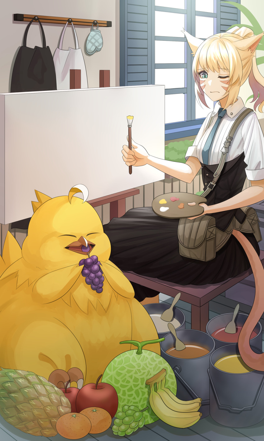 1girl animal_ears apple bag banana black_dress blonde_hair blue_necktie breasts canvas_(object) cat_ears cat_tail clothes_hanger collared_shirt dress eating fat_chocobo final_fantasy final_fantasy_xiv food frown fruit grapes highres holding holding_paint_palette holding_paintbrush holding_paint_palette long_bangs medium_hair melon miqo&#039;te necktie ojiki one_eye_closed open_can orange_(fruit) oven_mitts paint paint_can paint_palette paintbrush paint_palette pineapple plank plant pleated_dress ponytail potted_plant shirt shoulder_bag sitting small_breasts solo tail upper_body warrior_of_light_(ff14) white_shirt window_shadow wooden_floor