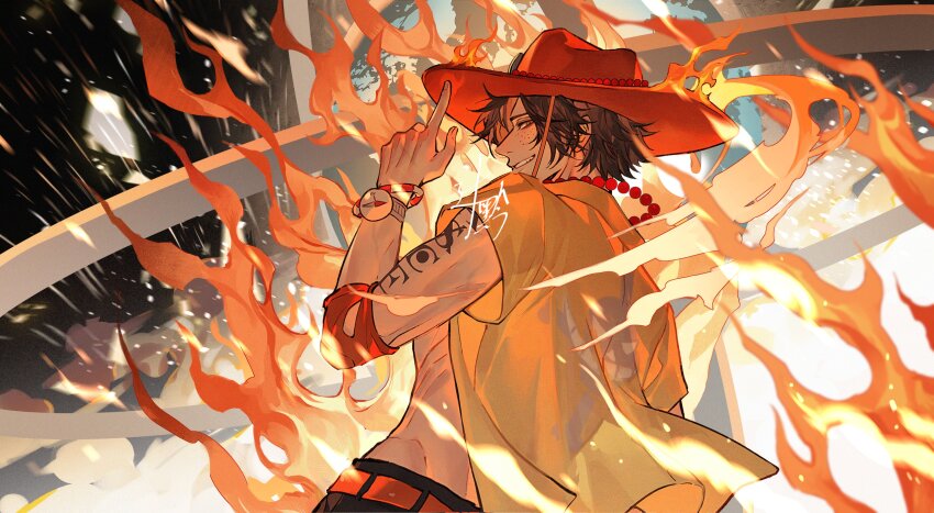 1boy absurdres arm_tattoo back black_hair bracelet commentary_request elbow_pads fire freckles hat highres jewelry jolly_roger log_pose looking_at_viewer male_focus necklace one_piece open_clothes open_shirt orange_hat pearl_necklace portgas_d._ace shirt signature single_elbow_pad smile solo sqloveraven tattoo whitebeard_pirates_jolly_roger yellow_shirt