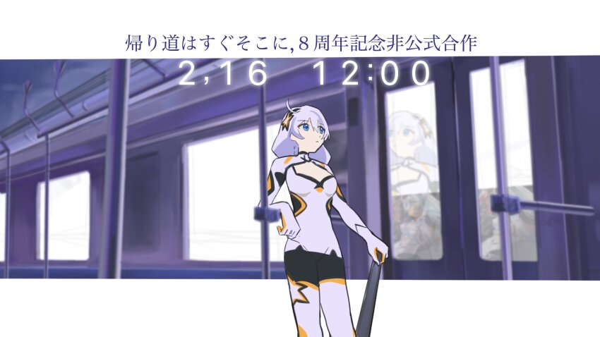 1girl ahoge anniversary baseball_bat blue_eyes bodysuit cleavage_cutout closed_mouth clothing_cutout duoyun_de_tiankong highres holding holding_baseball_bat honkai_(series) honkai_impact_3rd kiana_kaslana kiana_kaslana_(white_comet) reflection solo subway white_bodysuit white_hair