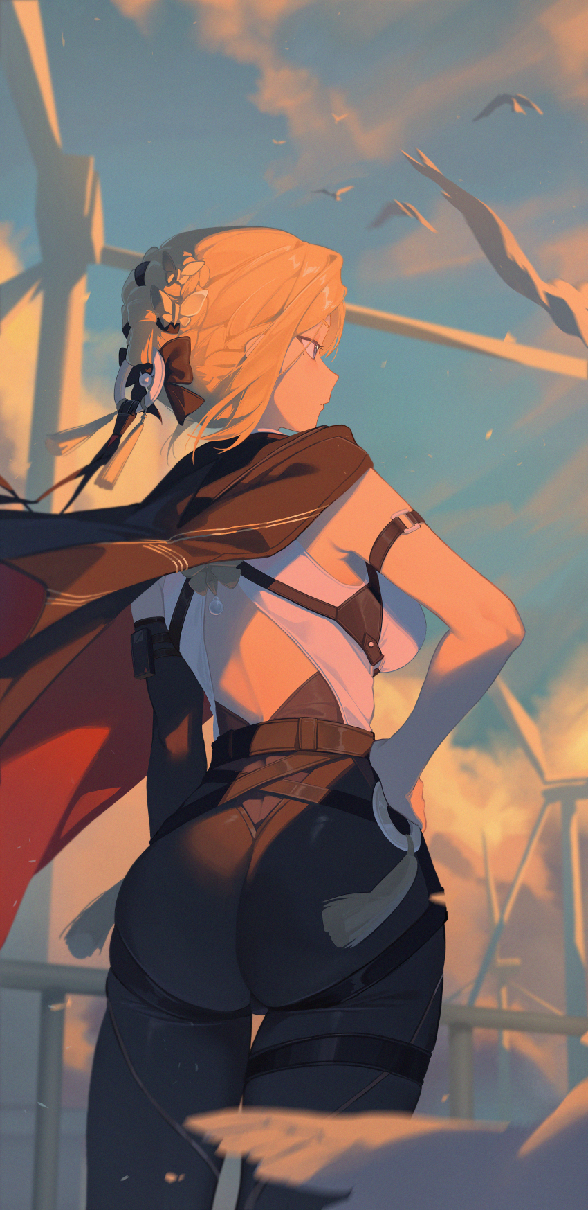 1girl absurdres animal ass bird black_jacket black_pants blonde_hair blue_eyes blue_sky braid breasts cloud commentary evelyn_chevalier evening from_behind hand_on_own_hip highres jacket jacket_on_shoulders midori_fufu outdoors pants shirt short_hair sky sleeveless sleeveless_shirt solo white_shirt zenless_zone_zero