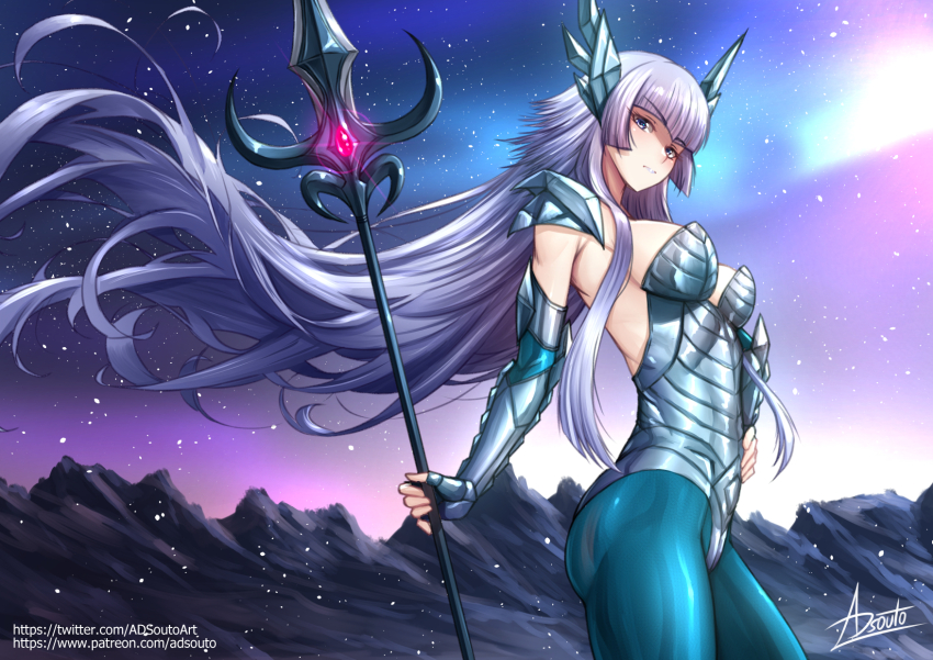 1girl adsouto armor aurora breasts elbow_gloves fingerless_gloves gloves hand_on_own_hip headgear highres holding holding_polearm holding_weapon long_hair looking_at_viewer medium_breasts pantyhose polaris_hilda polearm purple_eyes purple_hair saint_seiya shoulder_armor signature solo spear standing variant_set very_long_hair weapon wind wind_lift