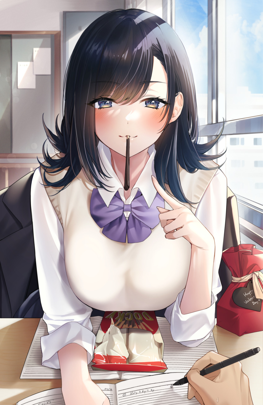 1girl beige_vest black_jacket blue_eyes blush bulletin_board classroom collared_shirt commentary_request desk food food_in_mouth gift highres holding holding_pencil in_mouth indoors jacket long_hair looking_at_viewer notebook original parted_bangs pencil pocky pocky_in_mouth pov school_desk school_uniform shirt sino42 sleeves_rolled_up swept_bangs valentine window