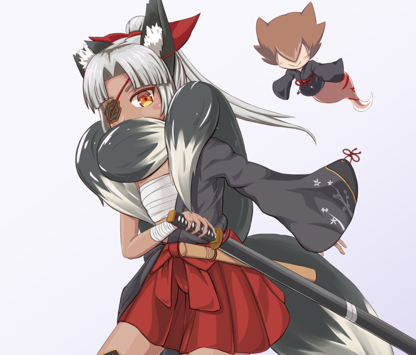 1girl :&gt; animal_ear_fluff animal_ears black_kimono black_tail blush_stickers bow breasts brown_hair chest_sarashi commentary_request cowboy_shot dark-skinned_female dark_skin fighting_stance fox_ears fox_girl grey_hair hair_bow hair_over_eyes hakama hakama_skirt halcyon_(halcyon90) high_ponytail izuna_(mon-musu_quest!) japanese_clothes katana kimono kudagitsune long_sleeves looking_at_viewer metal_eyepatch mon-musu_quest! mon-musu_quest:_paradox multiple_tails notched_ear orange_eyes parted_bangs ponytail ready_to_draw red_bow red_hakama sarashi sheath sheathed simple_background single_off_shoulder skirt small_breasts solo sword tail weapon white_background wrist_wrap