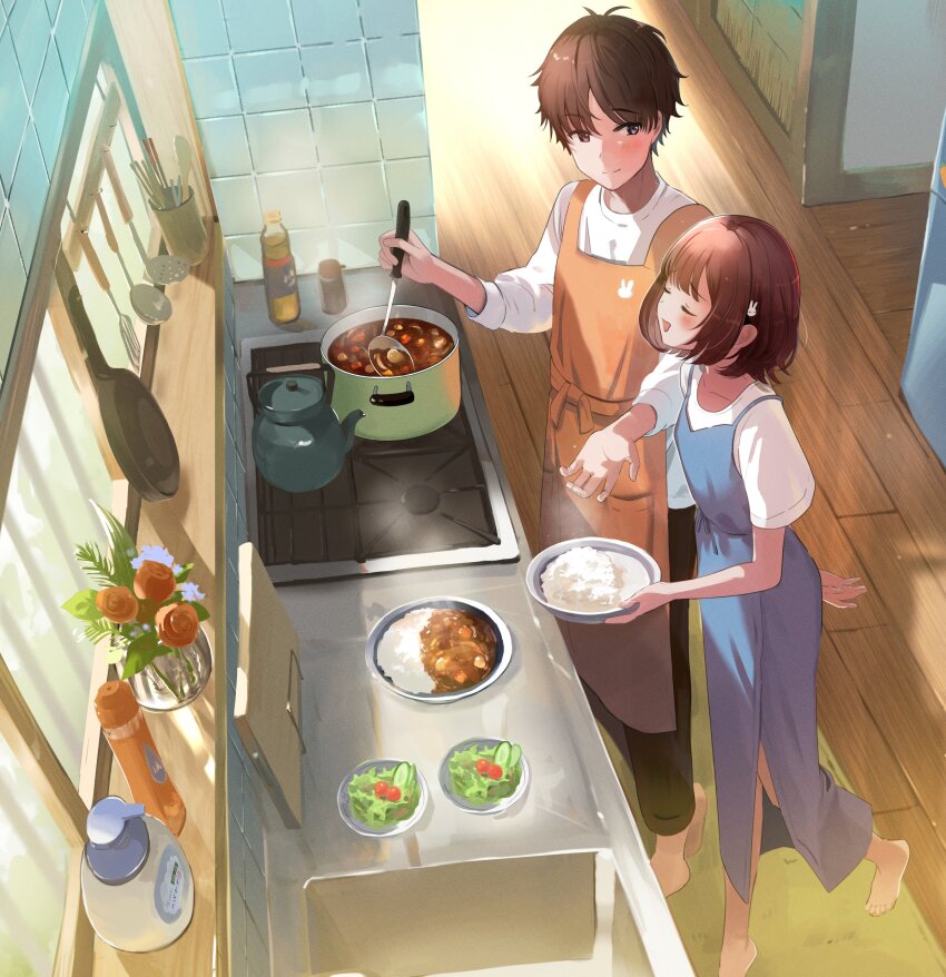 1boy 1girl absurdres barefoot brown_hair curry curry_rice food highres kitchen original rice salad short_hair yukimaru_nun