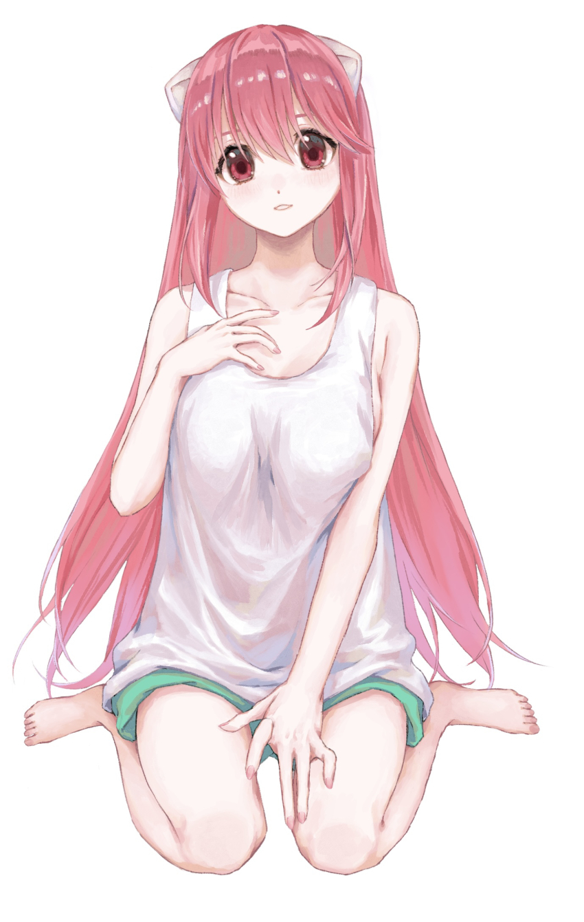 1girl bare_legs barefoot between_legs breasts collarbone commentary_request elfen_lied fingernails full_body green_shorts hair_between_eyes hand_between_legs hand_on_own_chest head_tilt highres horns kneeling large_breasts long_hair looking_at_viewer lucy_(elfen_lied) nail_polish nyuu parted_lips partial_commentary pink_hair pink_nails red_eyes shirt shorts simple_background sitting sleeveless sleeveless_shirt smile solo toenail_polish toenails toes very_long_hair wariza white_background white_shirt yuuhai_(djfr4528)