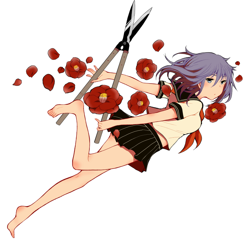 1girl absurdres amaguri_senko barefoot blue_eyes female_focus flower hair_between_eyes henjo_~hen_na_joshi_kousei_amaguri_senko~ highres long_hair mole mole_under_eye purple_hair school_uniform scissors serafuku simple_background skirt solo ubizo