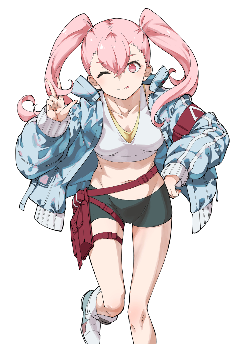 1girl absurdres armband bare_legs bike_shorts boots center-flap_bangs cropped_legs ellie_(synduality) hair_ribbon hand_on_own_hip highres jacket leaning_forward lowleg lowleg_shorts midriff mishima_hiroji navel open_clothes open_jacket pink_eyes pink_hair pouch red_armband ribbon shorts standing standing_on_one_leg synduality synduality_noir tank_top tehepero thigh_pouch twintails v