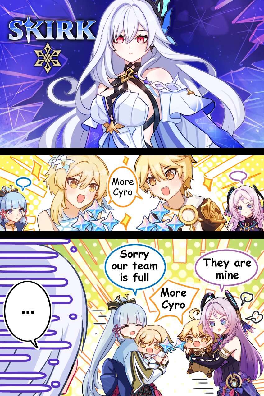 ... 1boy 4girls :d ^_^ absurdres aether_(genshin_impact) ahoge ayaka_(genshin_impact) black_leotard blonde_hair breasts chibi citlali_(genshin_impact) closed_eyes commentary cryo_symbol_(genshin_impact) english_commentary english_text floating_headgear flower genshin_impact hair_between_eyes hair_flower hair_ornament headgear heattech_leotard high_ponytail highres holding large_breasts leotard long_hair lumine_(genshin_impact) multicolored_hair multiple_girls open_mouth parted_lips pink_hair ponytail primogem pun-rii purple_hair red_eyes short_hair_with_long_locks skirk_(genshin_impact) smile speech_bubble turtleneck very_long_hair white_flower white_hair