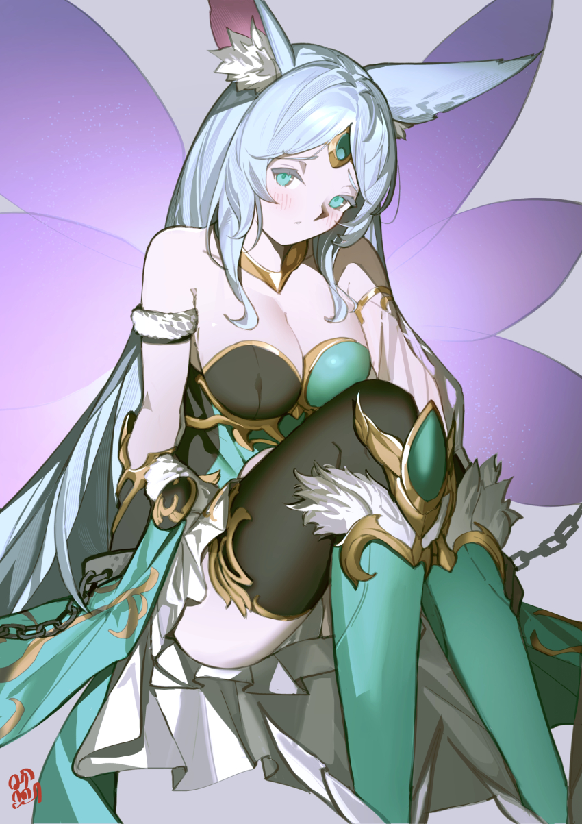 1girl absurdres animal_ear_fluff animal_ears apollousa_bow_of_the_goddess armor armpit_crease bare_shoulders black_thighhighs blush breasts chain chained_wrists cleavage collarbone detached_sleeves dress duel_monster feet_out_of_frame forehead_jewel frilled_dress frills fur_armlet fur_trim gauntlets gold_choker greaves green_dress green_eyes highres large_breasts off-shoulder_dress off_shoulder parted_bangs see-through_clothes see-through_sleeves see-through_wings sen-jou simple_background single_detached_sleeve single_gauntlet sitting solo thighhighs two-tone_dress white_hair wings yu-gi-oh!