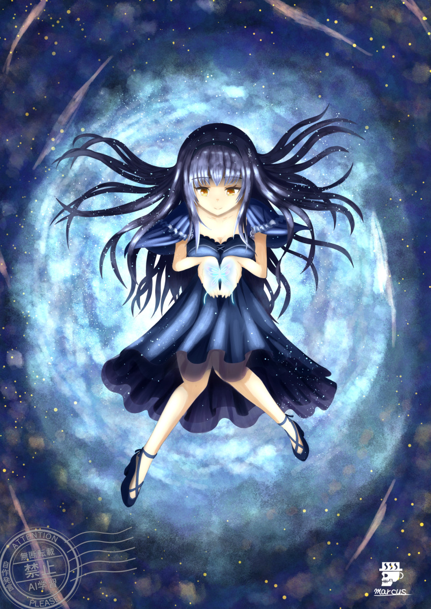 1girl black_hair black_hairband blue_capelet blue_shoes bone_hair_ornament breasts bug butterfly capelet cleavage closed_mouth collarbone dress full_body hair_ornament hairband high_heels highres holding_butterfly insect knees_apart_feet_together kushima_kamome long_hair magic medium_dress no_socks shinshi_marcus shoes signature skull_and_crossbones skull_hair_ornament solo summer_pockets watermark yellow_eyes