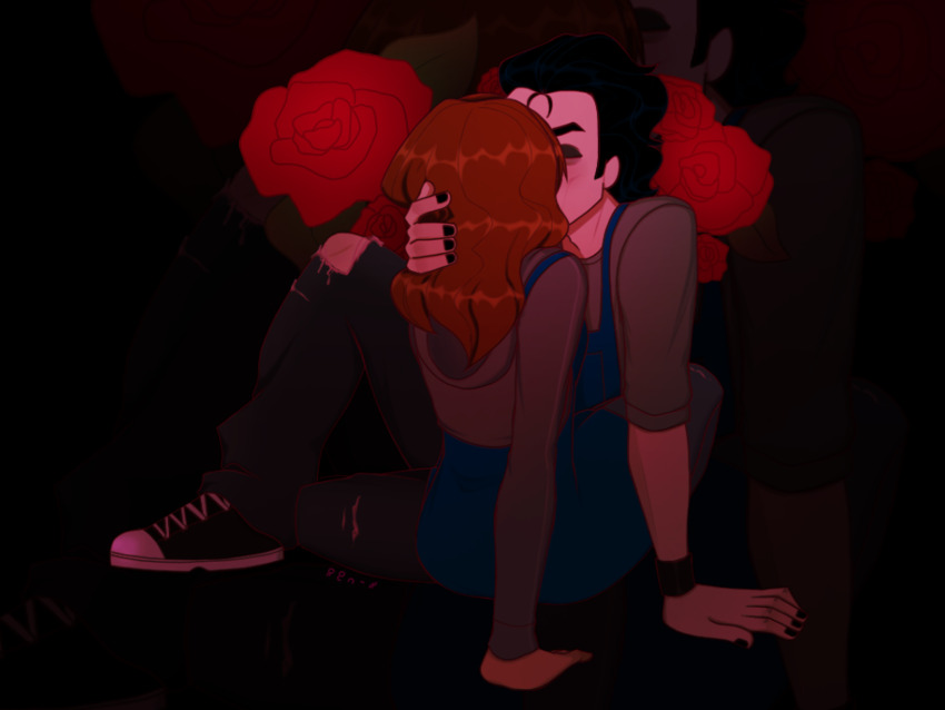 1boy 1girl apron black_hair black_nails blue_apron couple denim employee_uniform erin_ulmer final_destination_(movie) flower hand_on_another&#039;s_head highres ian_mckinley jeans kiss oddx pants pantyhose red_hair rose shoes sitting warner_bros.