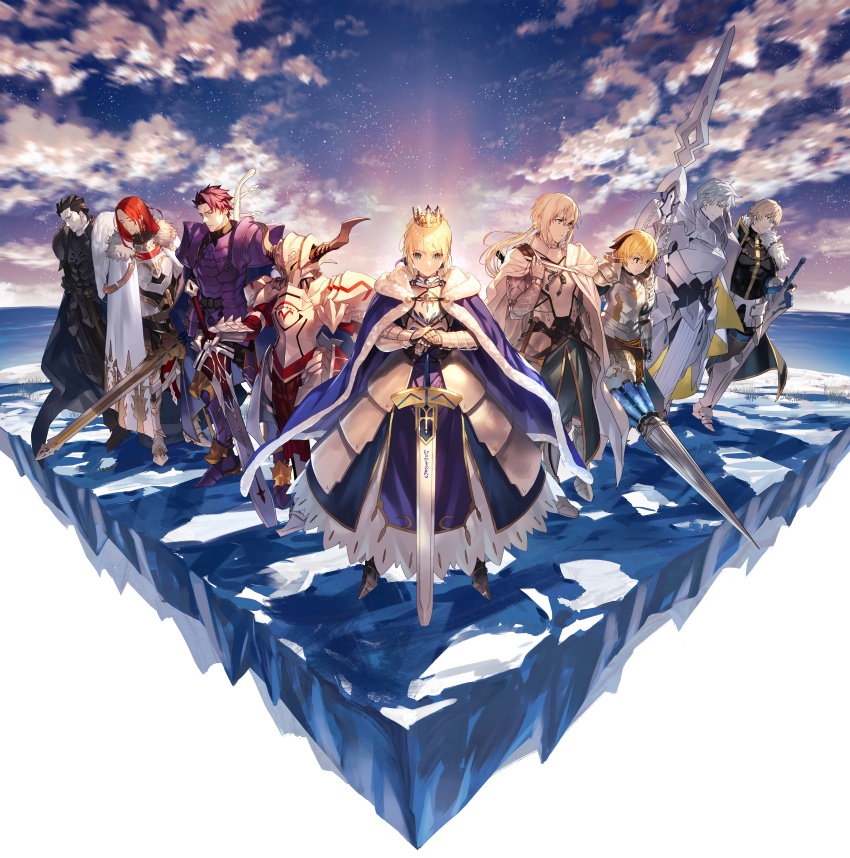 3girls 6+boys absurdres agravain_(fate) armor armored_boots armored_dress artoria_pendragon_(fate) bedivere_(fate) black_hair blonde_hair blue_cloak blue_dress boots character_request check_character cloak closed_eyes closed_mouth cloud commentary crown dress fake_horns fate/grand_order fate_(series) gareth_(fate) gauntlets gawain_(fate) green_eyes helmet highres holding holding_sword holding_weapon horned_headwear horns knights_of_the_round_table_(fate) lancelot_(fate/grand_order) long_hair looking_ahead looking_at_viewer mordred_(fate) multiple_boys multiple_girls nakanishi_tatsuya percival_(fate) purple_hair red_hair short_hair sky star_(sky) starry_sky sword tristan_(fate) weapon white_cloak white_hair