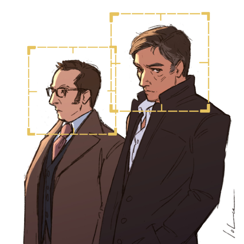 2boys black_hair brown_hair clip_studio_paint_(medium) collared_shirt commentary english_commentary formal_clothes glasses harold_finch_(person_of_interest) io-lu-art john_reese_(person_of_interest) looking_at_viewer multiple_boys necktie person_of_interest pink_necktie shirt short_hair sideburns simple_background suit upper_body white_background white_shirt