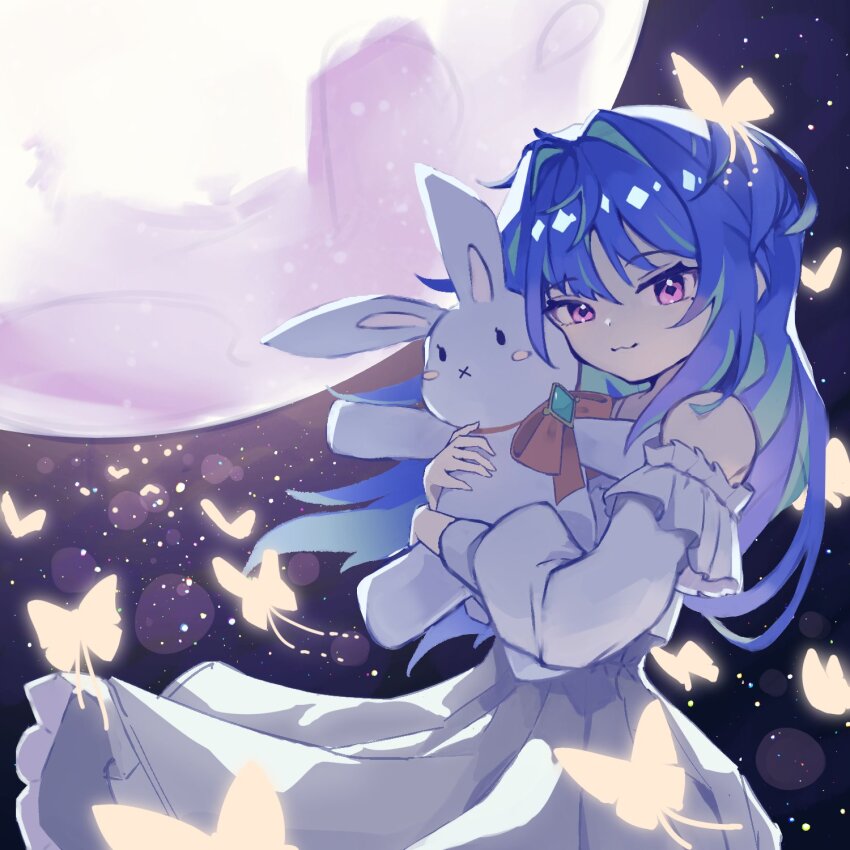 1girl :3 blue_hair bow bowtie bug butterfly closed_mouth cowboy_shot dress full_moon green_hair hair_intakes highres hinataku1222 insect long_hair long_sleeves looking_at_viewer moon multicolored_hair nanashi_inc. orange_bow orange_bowtie orange_butterfly pink_eyes smile solo stuffed_animal stuffed_rabbit stuffed_toy suzumi_nemo two-tone_hair virtual_youtuber white_dress