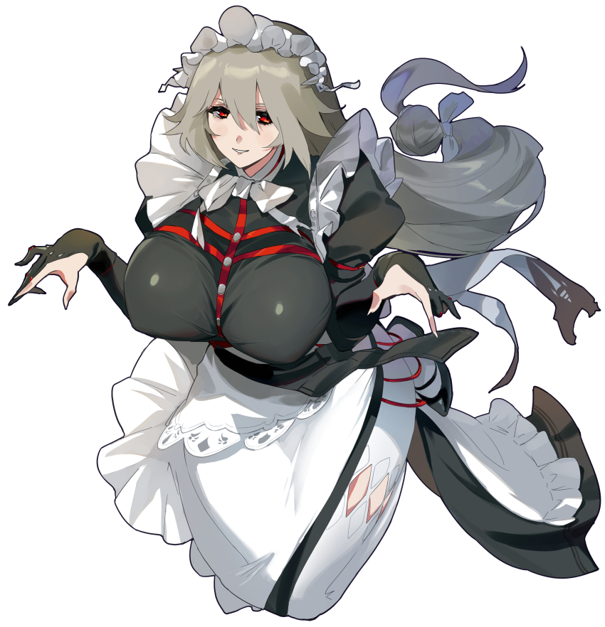 1girl absurdres alexandrina_sebastiane apron black_dress bow bowtie breasts commentary_request dress frilled_apron frills gloves grey_hair highres huge_breasts long_hair looking_at_viewer low-tied_long_hair maid maid_apron maid_headdress negresco partially_fingerless_gloves puffy_sleeves red_eyes simple_background skirt smile solo very_long_hair waist_apron white_apron white_background white_bow white_bowtie white_skirt zenless_zone_zero