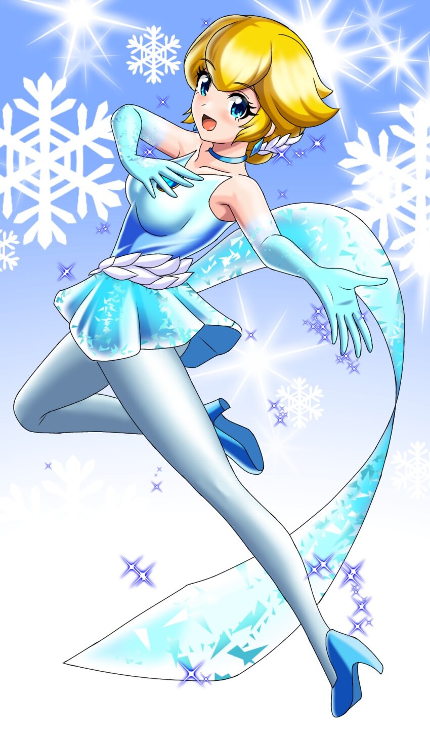 1girl blonde_hair blue_choker blue_dress blue_eyes choker dress figure_skater_peach full_body high_heels highres irohazakayouth looking_at_viewer mario_(series) nintendo pantyhose princess_peach princess_peach:_showtime! snowflakes